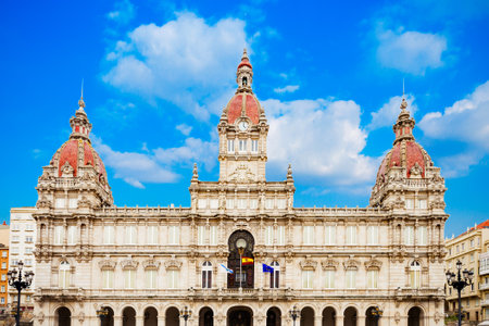 City Hall or Municipal Palace or Concello da Coruna at the Plaza de Maria Pita square in A Coruna in Galicia, Spainの写真素材