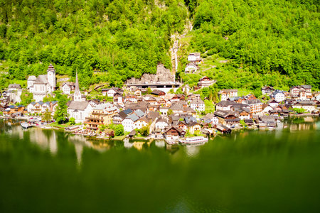 Hallstatt town and Hallstatter See lake in Upper Austria. Hallstatt is a village in the Salzkammergut region near Salzburg in Austria.の写真素材