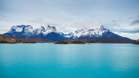 Torres del Paine National Park aerial panoramic view. Torres del Paine is a national park encompassing mountains, glaciers, lakes, and rivers in southern Patagonia, Chile.の写真素材