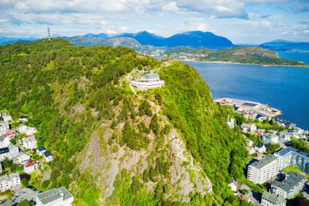 Fjellstua Utsiktspunkt or Fjellstua viewpoint on Mount Aksla in Alesund, Norwayの写真素材