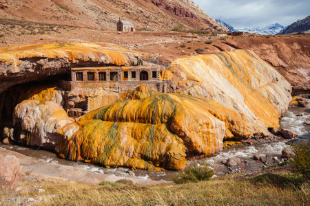 The Incas Bridge or Puente del Inca in Argentina. Inca bridge is a natural arch that forms a bridge over the Vacas River in Mendoza Province, Argentina.の写真素材