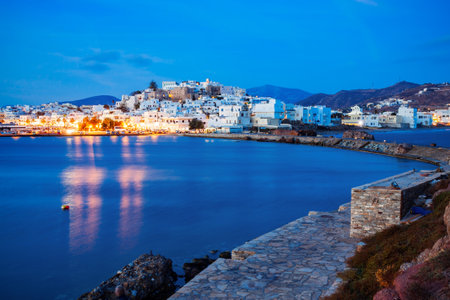 Naxos island aerial panoramic view at night. Naxos is the largest of the Cyclades island group in the Aegean, Greeceの写真素材