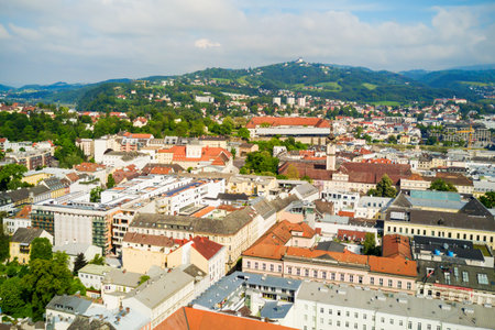 Linz city centre aerial panoramic view in Austria. Linz is the third largest city of Austria.の写真素材