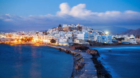 The Naxos island aerial panoramic view on sunset. Naxos is the largest of the Cyclades island group in the Aegean, Greeceの写真素材