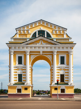 Triumphal Arch Moscow Gates is located on Angara river embarkment in the center of Irkutsk city, Russiaの写真素材