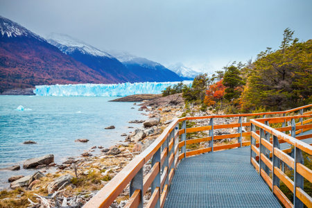 Tourist route near the Perito Moreno Glacier in Patagonia, Argentina. Its one of the most important tourist attractions in the Argentinian Patagonia.の写真素材
