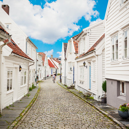 Traditional wooden houses in Gamle Stavanger. Gamle Stavanger is a historic area of the city of Stavanger in Rogaland, Norway.の写真素材