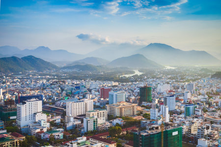 Nha Trang city skyline aerial panoramic view at sunset in south Vietnamの写真素材