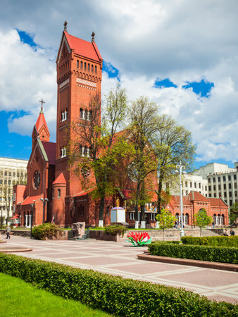 Church of Saints Simon and Helena or the Red Church is a Roman Catholic church on Independence Square in Minsk, Belarusの写真素材