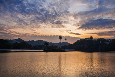 Kandy Lake on sunset. Lake located in Kandy city, Sri Lanka.の写真素材