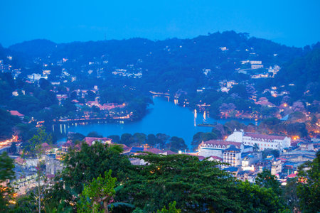 Kandy Lake and Kandy city aerial panoramic view at sunset from Arthurs Seat Kandy City Viewpoint, Sri Lankaの写真素材