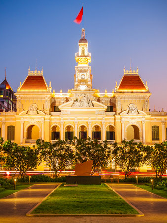 Ho Chi Minh City Hall or Saigon City Hall or Committee Head office is a building in a French colonial style in Ho Chi Minh, Vietnamの写真素材