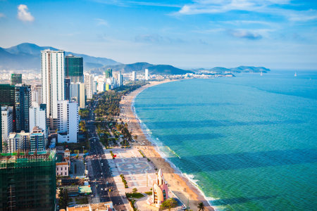Nha Trang city skyline aerial panoramic view at sunset in south Vietnamの写真素材