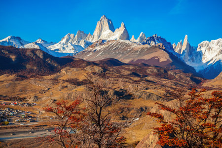 Monte Fitz Roy or Cerro Chalten aerial view. Fitz Roy is a mountain located near El Chalten, in the Southern Patagonia, on the border between Argentina and Chile.の写真素材