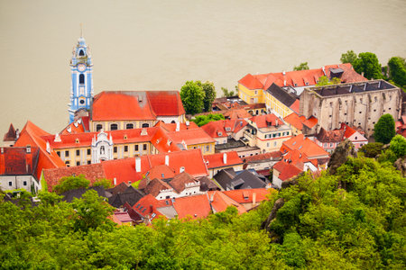 Durnstein aerial panoramic view from Durnstein Castle. Durnstein is a small town on the Danube river in Wachau valley, Austria.の写真素材