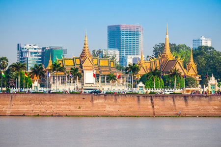 Phnom Penh city skyline and Tonle Sap River. Phnom Penh is the capital and largest city in Cambodia.の写真素材