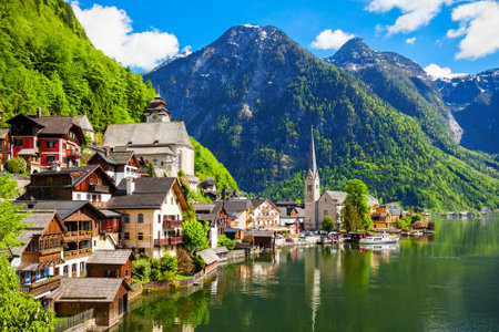 Hallstatt old town and Hallstatter See lake in Upper Austria. Hallstatt is a village in the Salzkammergut region near Salzburg in Austria.の写真素材