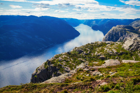 Lysefjord aerial panoramic view from the top of the Preikestolen cliff near Stavanger. Preikestolen or Pulpit Rock is a famous tourist attraction in Norway.の写真素材