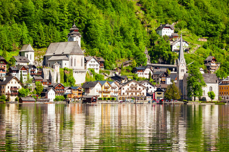 Hallstatt old town and Hallstatter See lake in Upper Austria. Hallstatt is a village in the Salzkammergut region near Salzburg in Austria.の写真素材