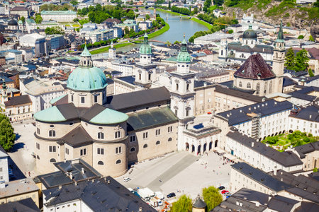 Salzburg Cathedral aerial panoramic view from Hohensalzburg Castle in Salzburg, Austriaの写真素材