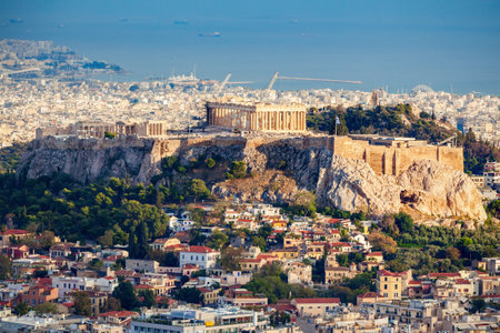The Parthenon Temple aerial panoramic view. Parthenon Temple is a former greek temple on the Athenian Acropolis in Greece, dedicated to the goddess Athena.の写真素材