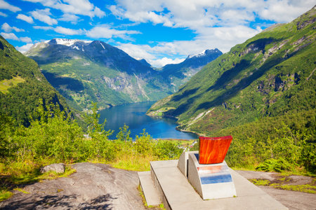 Queen Sonja of Norway throne at Flydalsjuvet viewpoint at Geirangerfjord near Geiranger village in Norwayの写真素材