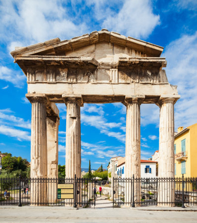 The Gate of Athena Archegetis is situated west side of the Roman Agora in Athens, Greeceの写真素材