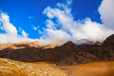 Scenic mountain landscape from highway between Manali in Himachal and Leh in Ladakh, Himalaya in Indiaの写真素材