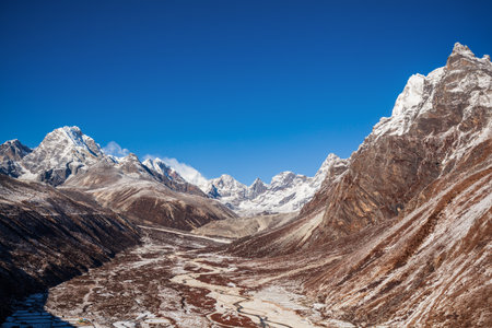 Scenic mountain landscape in Everest or Khumbu region in Himalaya in Nepalの写真素材