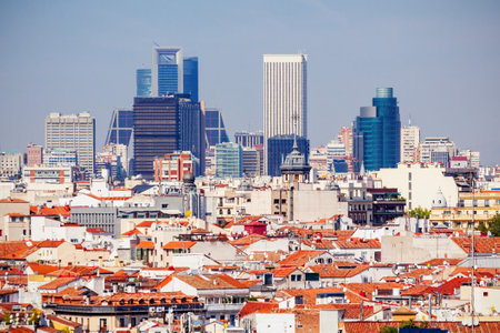 Aerial panoramic view of business districts of AZCA and CTBA in Madrid, Spainの写真素材