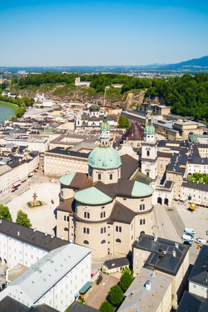 Salzburg Cathedral aerial panoramic view, Austria. Salzburg (literally "Salt Fortress or Salt Castle") is the fourth largest city in Austria.の写真素材