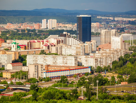 Krasnoyarsk city aerial panoramic view from Karaulnaya Mountain viewpoint in Krasnoyarsk, Russiaの写真素材