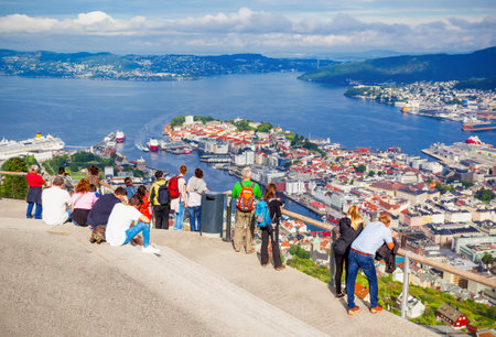 Mount Floyen viewpoint in Bergen. Bergen is a city and municipality in Hordaland, Norway.の写真素材