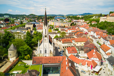 Stadtpfarrkirche or city parish church aerial panoramic view, Melk city centre. Melk is a city in the Wachau valley in Lower Austria.の写真素材