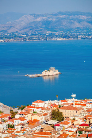 Nafplio aerial panoramic view from Palamidi fortress. Nafplio is a seaport town in the Peloponnese peninsula in Greece.の写真素材