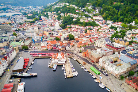 Bryggen aerial panoramic view. Bryggen is a series commercial buildings at the Vagen harbour in Bergen, Norway.の写真素材