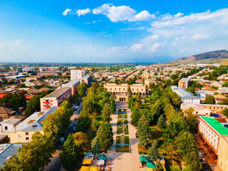 Stalin Avenue aerial panoramic view in Gori, Georgia. Gori is a city in eastern Georgia, which serves as the regional capital of Shida Kartli.の写真素材
