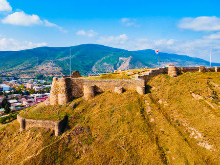 Gori Fortress or Goris Tsikhe aerial panoramic view, Georgia. It is a medieval citadel in Georgia, situated above the city of Gori on a rocky hill.の写真素材