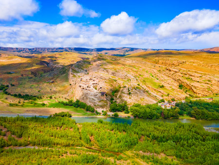 Uplistsikhe aerial panoramic view. Uplistsikhe is an ancient rock hewn town near Gori in Shida Kartli region of Georgiaの写真素材