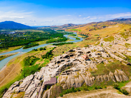 Uplistsikhe aerial panoramic view. Uplistsikhe is an ancient rock hewn town near Gori in Shida Kartli region of Georgiaの写真素材