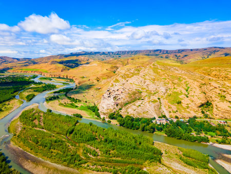 Uplistsikhe aerial panoramic view. Uplistsikhe is an ancient rock hewn town near Gori in Shida Kartli region of Georgiaの写真素材