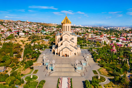 Holy Trinity Cathedral or Tsminda Sameba Church aerial panoramic view in Tbilisi old town. Tbilisi is the capital and the largest city of Georgia, lying on the banks of the Kura River.の写真素材