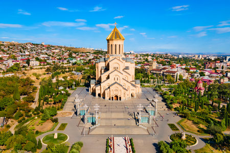 Holy Trinity Cathedral or Tsminda Sameba Church aerial panoramic view in Tbilisi old town. Tbilisi is the capital and the largest city of Georgia, lying on the banks of the Kura River.の写真素材