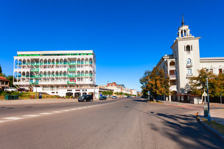 Telavi, Georgia - September 03, 2021: Traditional kakheti style buildings in Telavi old town. Telavi is the main city of Kakheti province in Georgia.のeditorial素材
