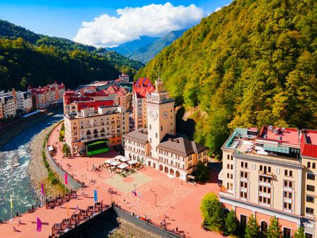 Town Hall aerial panoramic view in Rosa Khutor. Rosa Khutor is an alpine ski resort located near Krasnaya Polyana town in Sochi region, Russiaの写真素材
