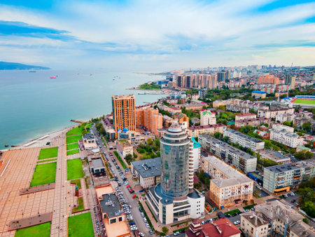 Novorossiysk city centre aerial panoramic view. Novorossiysk is the main port on the Black Sea in Krasnodar Krai, Russia.の写真素材