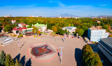 Central fountain aerial view at Theatre or Teatralnaya Square near Kurortny park in Yessentuki, a spa city in Caucasian Mineral Waters region, Stavropol Krai in Russiaの写真素材
