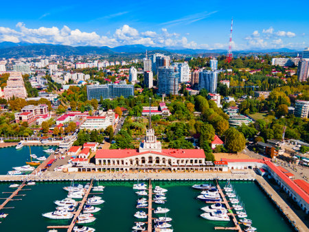 Sochi port or marine passenger terminal aerial panoramic view in Sochi. Sochi is the resort city along the Black Sea in Russia.の写真素材