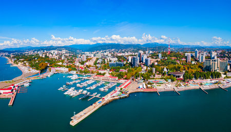 Sochi port and beach aerial panoramic view in Sochi. Sochi is the resort city along the Black Sea in Russia.の写真素材