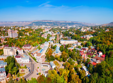 Kislovodsk Kurortny Boulevard aerial panoramic view. Kislovodsk is a spa city in Caucasian Mineral Waters region, Stavropol Krai, Russia.の写真素材